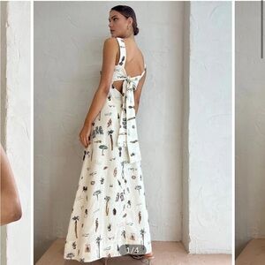 Commense Tropical Print Knotted Long Off White Dress